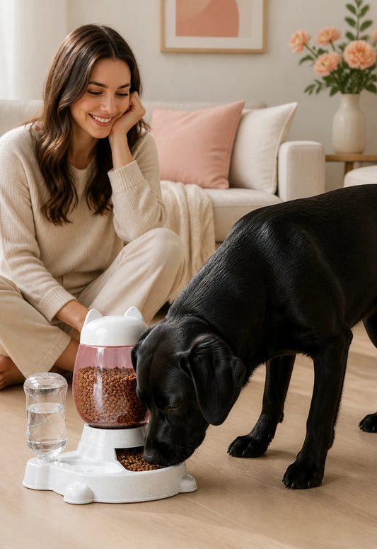 Perro comiendo del comedero y bebedero Nova Pet en casa