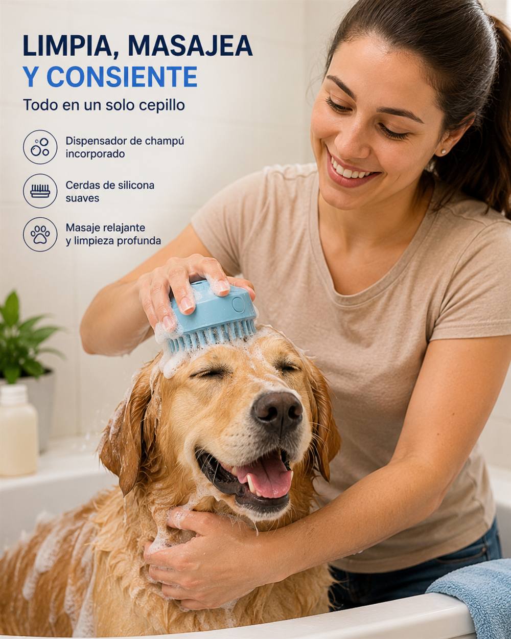 Nova Pet - cepillo con dispensador en uso, limpia masajea y consiente
