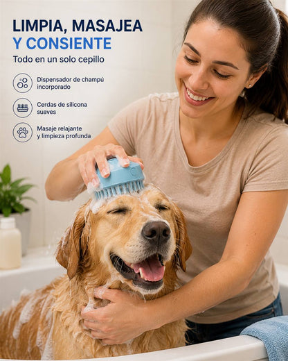 Nova Pet - cepillo con dispensador en uso, limpia masajea y consiente